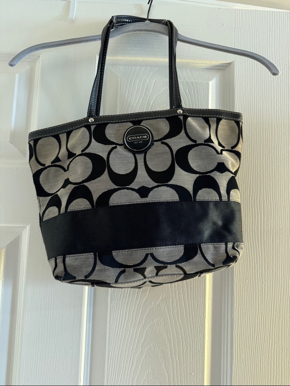 Y2K Coach Black and Gray Jacquard Signature Canvas Small Tote Handbag w/ Stripe - Picture 2 of 5